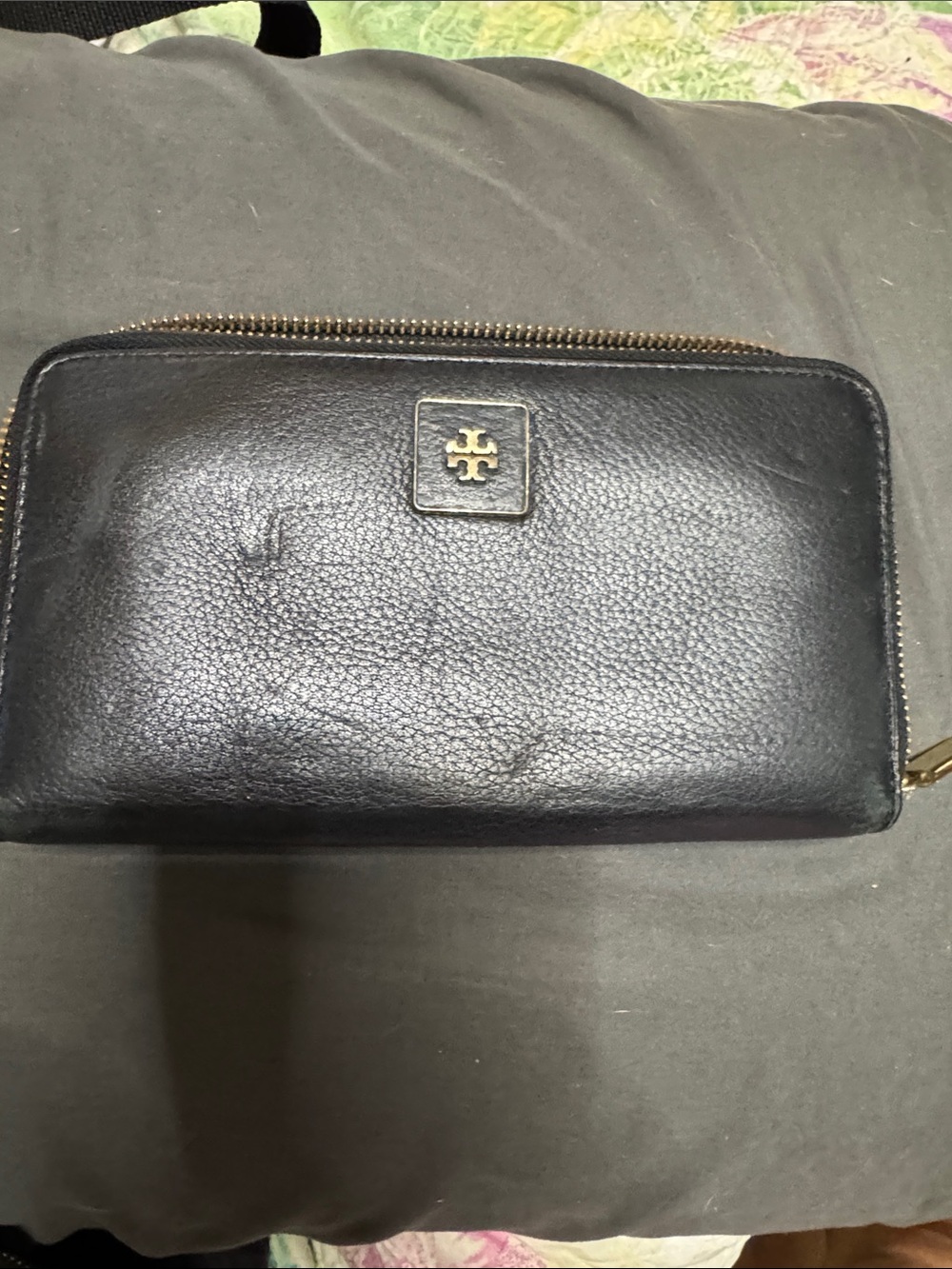 Tory Burch Black Pebbled Leather Zip Around Wallet with Gold Logo